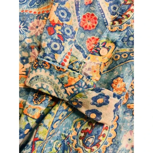 Ralph Lauren Blue Paisley Tie Waist Blouse Womens Large Button Front Classic - Picture 3 of 5